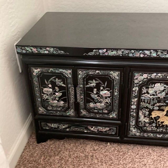Wood 1970s Black Lacquer Dresser With Mother of Pearl Inlay and Asian Inspired Design For Sale - Image 7 of 9