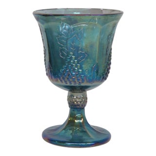 Indiana Glass Iridescent Blue Harvest Grape Goblet 70s Carnival Glass Cup 4731b For Sale