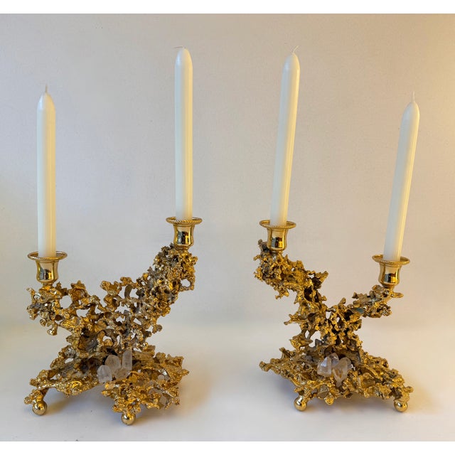 Mid-Century Modern Pair of Gilt Bronze and Quartz Candlesticks by Boeltz, France, 1970s For Sale - Image 3 of 12