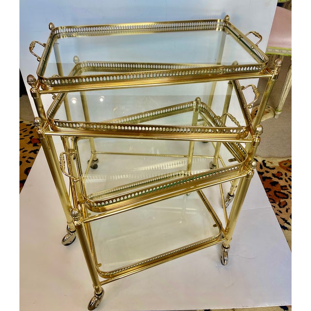 1960s French Neoclassical Style Nesting Bar Carts With Glass Shelves, Maison Jansen For Sale - Image 5 of 17