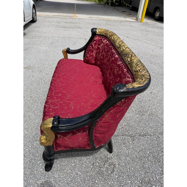 Wood 1930s Lovely Louis XVI Gold & Red Satin Walnut Victorian Sofa Settee For Sale - Image 7 of 12