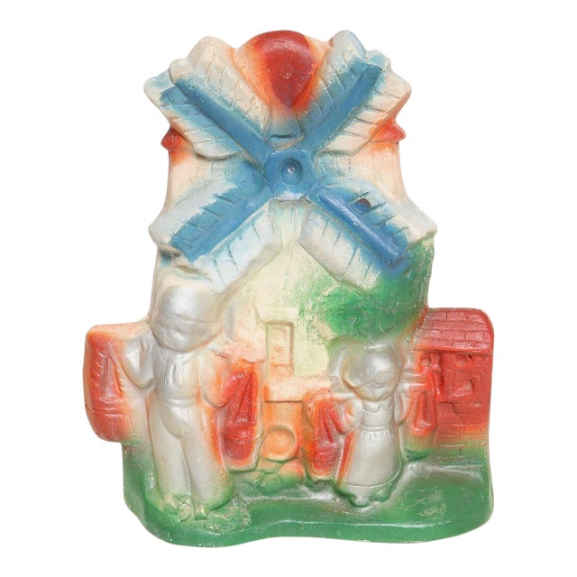 Vintage Painted Chalkware Carnival Chalk Children With Windmill Sculpture / Figurine For Sale