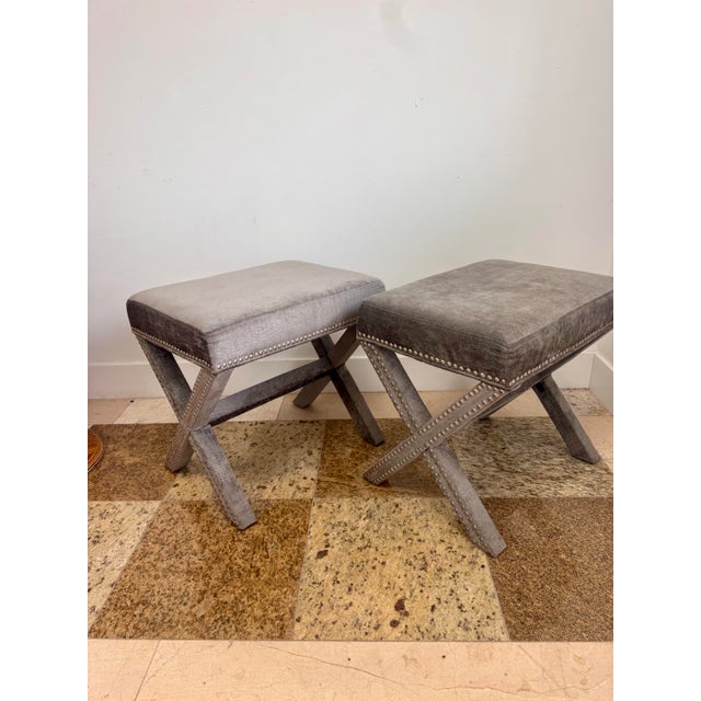 Gray Pair of Early 2000s Faux Crocodile X-Base Benches With Nailhead Trim For Sale - Image 8 of 10