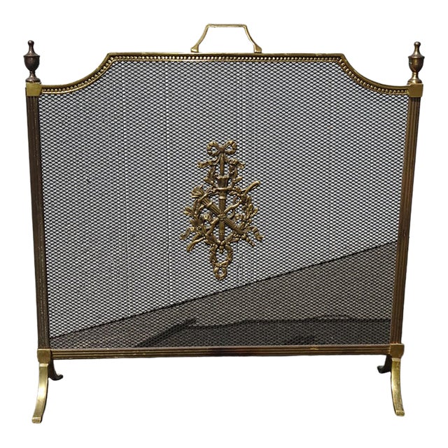 Vintage French Louis XVI Style Brass Fireplace Screen Maison Jansen Style For Sale