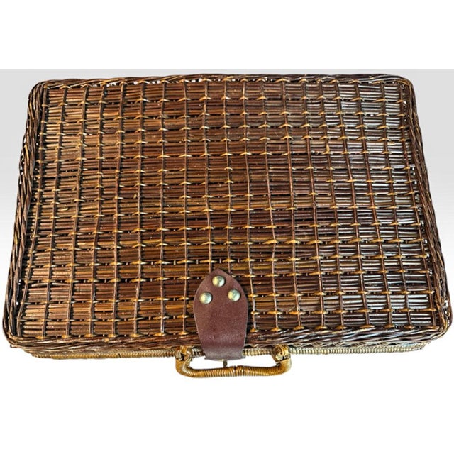 Vintage Handwoven Wicker Suitcase Picnic Basket Hamper With Leather Strap and Brass Turn Lock Closure For Sale - Image 4 of 10