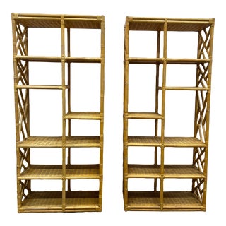 1960s A Pair of Vintage Bamboo Rattan Standing Shelves For Sale