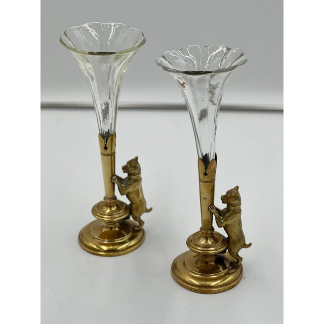 Pair of Antique French Bud Vases, Brass & Crystal Canine Shape For Sale - Image 4 of 4