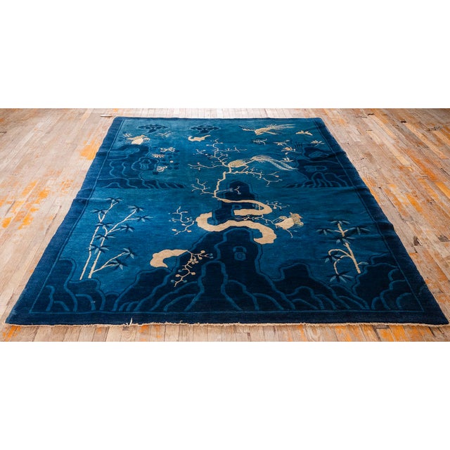 Textile 1920s Antique Deep Blue Field Pictorial "Shan Shui" Knotted Chinese Peking Rug For Sale - Image 7 of 9