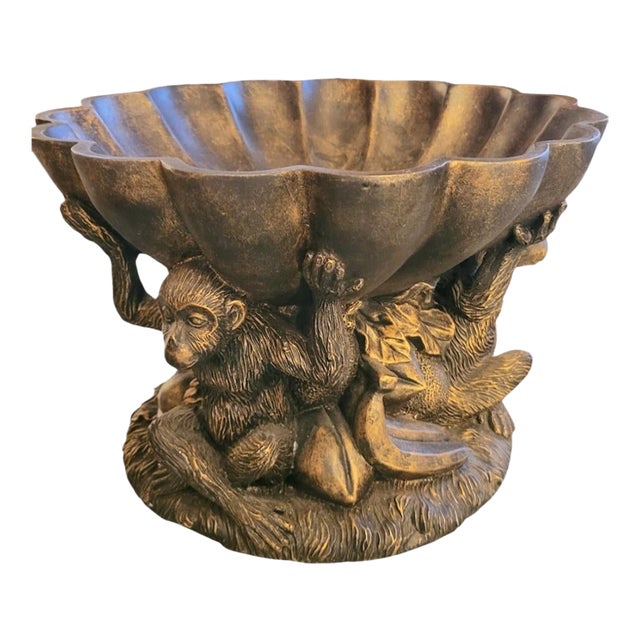 Vintage Large Scalloped Monkey Regency Fruit Bowl Table Decor For Sale