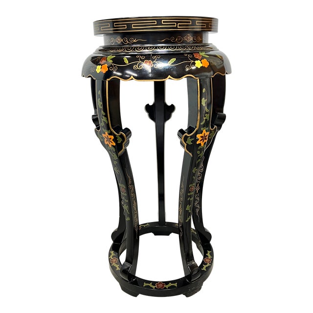 Chinoiserie Black Lacquer/Floral Birds Design Pedestal Plant Stand For Sale