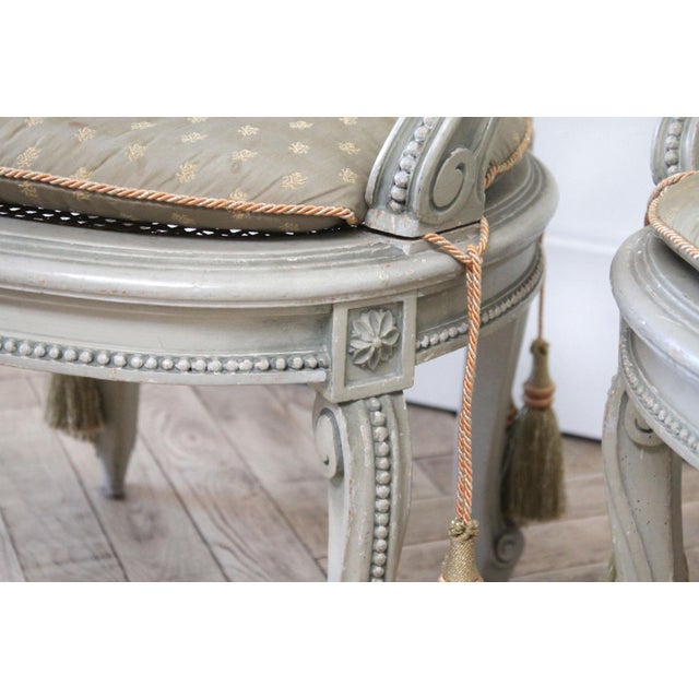 Gray 19th Century Painted Sheild Back Ribbon Carved Cane Open Armchairs For Sale - Image 8 of 13