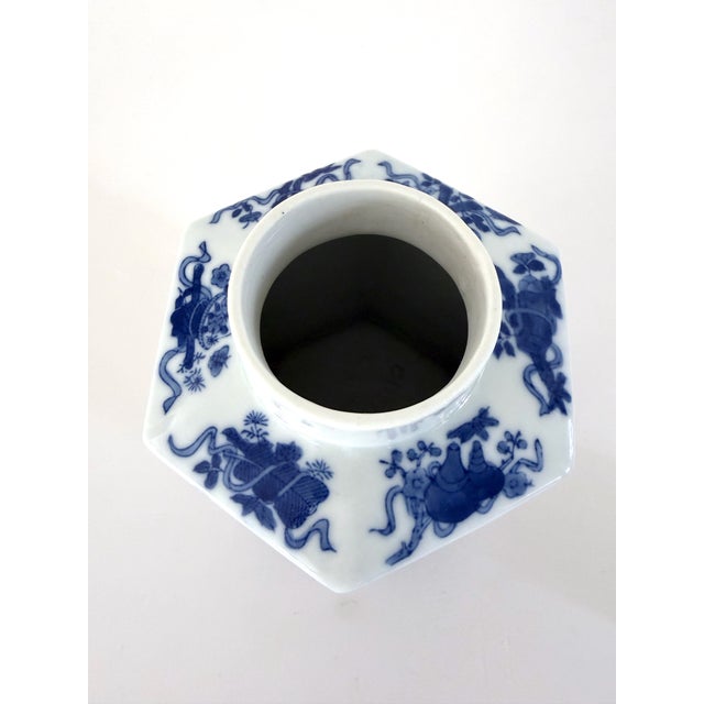 Blue Vintage Blue and White Chinoiserie Porcelain Tea Caddy For Sale - Image 8 of 9