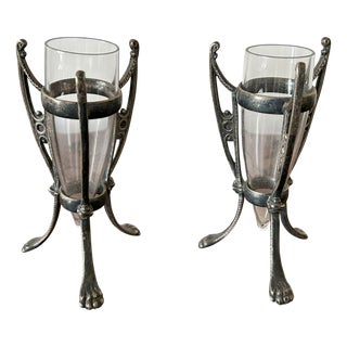 Pair of Art Nouveau / Jugendstil Silver-Plated and Glass Vases, Central Europe, Circa 1900, Set of 2 For Sale