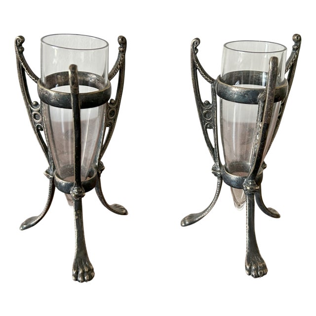 Pair of Art Nouveau / Jugendstil Silver-Plated and Glass Vases, Central Europe, Circa 1900, Set of 2 For Sale