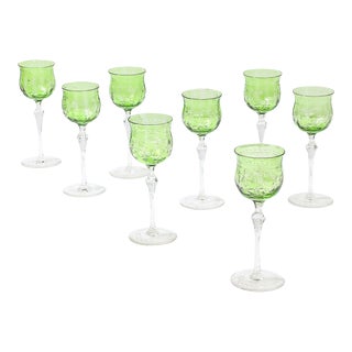 Set of Eight Cut Crystal Emerald Green & Transparent Glasses For Sale