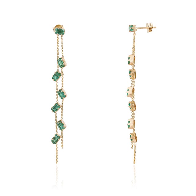 Green 3.25ct Emerald Double Chain Long Dangle Earrings in 14k Solid Gold- A Pair For Sale - Image 8 of 15