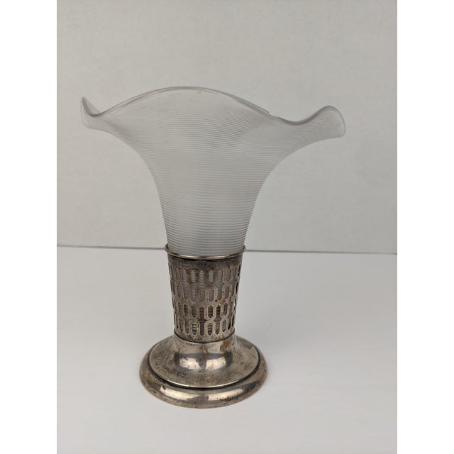 Silver Vintage Sterling Silver Vase With Frosted Ribbed Art Glass Trumpet Insert, Art Deco Style For Sale - Image 8 of 15