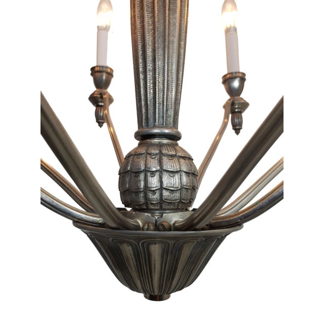 Mid 20th Century French Eight Arm Cast Detailed Nickeled Bronze Chandelier, G.Capon For Sale - Image 12 of 12