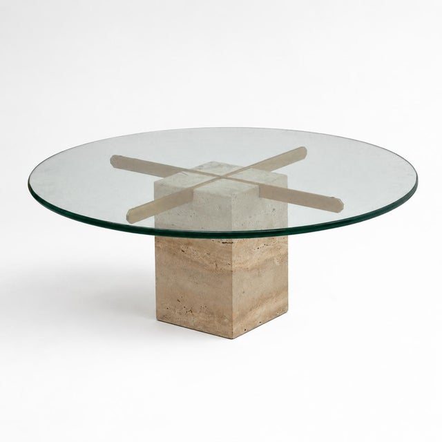 Vintage Round Travertine and Brass Coffee Table with Glass Top For Sale - Image 5 of 7