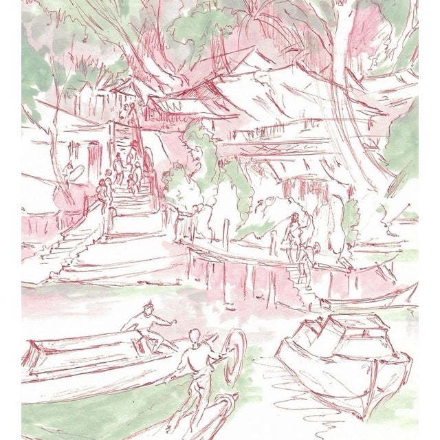 Watercolor and ink on paper by English artist Ivy Attwell (1895-1985) of a SouthEast Asian location, probably Malaysia or...