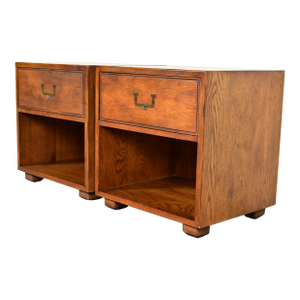 Henredon Mid-Century Modern Campaign Oak Nightstands, Pair
