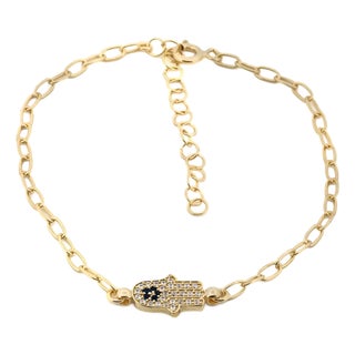 Diamond & Blue Hamsa Hand Link Chain Gold Bracelet For Sale