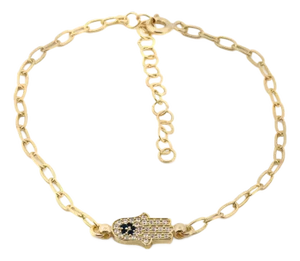 Diamond & Blue Hamsa Hand Link Chain Gold Bracelet