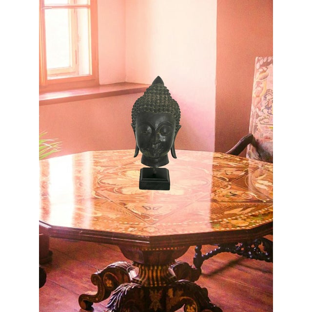 Antique Bronze Ayutthaya Buddha Head Thai Sculpture, Mounted For Sale - Image 12 of 12