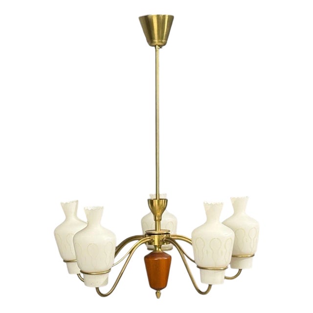 1940s Swedish Modern, Chandelier, Brass, Mahogany, Glass For Sale