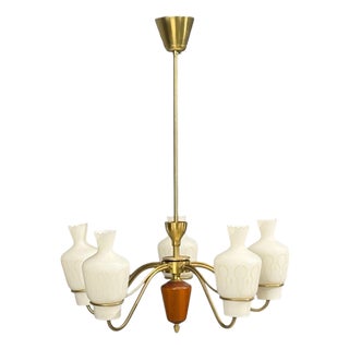 Swedish Modern, Chandelier, Brass, Mahogany, Glass, Sweden, 1940s For Sale