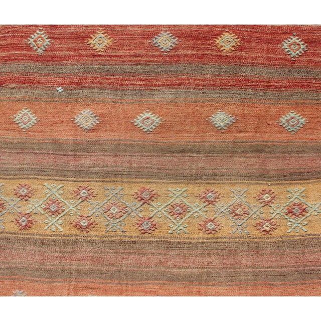Orange Vintage Hand Woven Turkish Kilim Colorful Stripe Runner With Tribal Motifs For Sale - Image 8 of 12