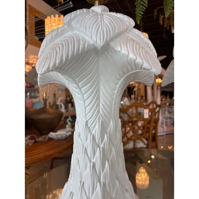 Vtg. Pair Plaster White Lacquered Palm Beach Tree Table Lamps Newly Wired Brass For Sale - Image 9 of 12