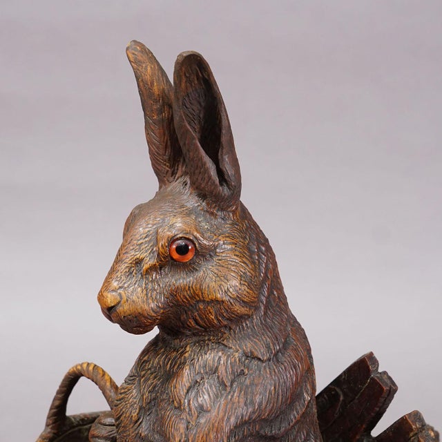 Late 19th Century Antique Black Forest Carved Rabbit Figure With Basket, Circa 1900 For Sale - Image 5 of 9
