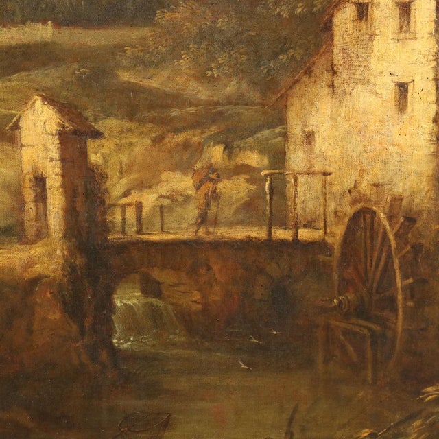 Landscape with Stream, Mill and Figures, Oil on Canvas, Framed For Sale - Image 7 of 14