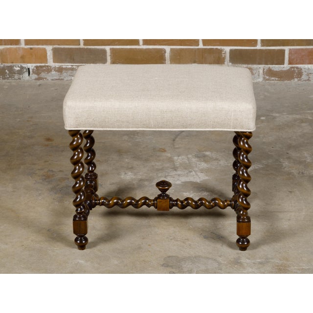 Barley Twist English 19th Oak Stool with Cross Stretcher and Custom Upholstery For Sale - Image 4 of 11