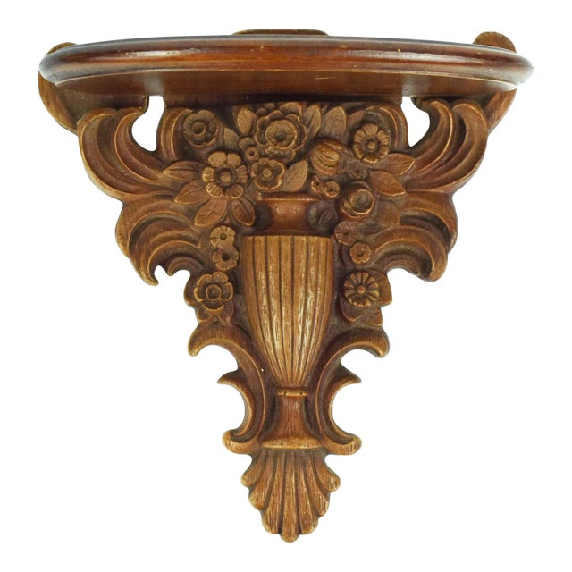Mid 20th Century Ornate Floral Composite & Wood Display Wall Shelf For Sale