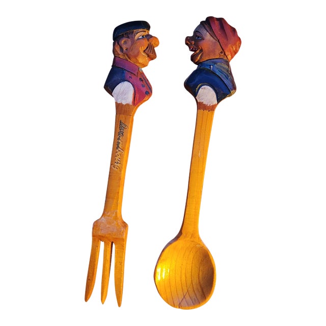 1950s Luxembourg Man Woman Hand Carved Wood Salad Server Set Italy For Sale