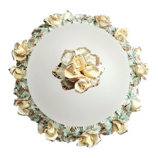 Antique Vintage Ceramic and Glass Floral Green Ceiling Flush Mount Chandelier 1960s For Sale