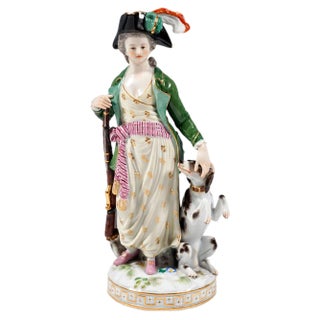 Meissen Rococo Maid with Dog Figure by Johann Carl Schoenheit, 1880s For Sale