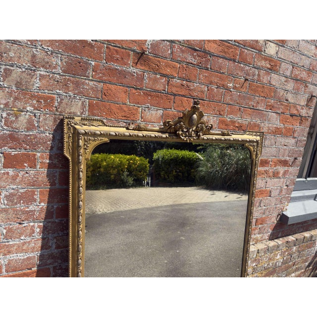 Large Antique English Carved Wood and Gesso Gilt Overmantle Mirror, 1800s For Sale - Image 3 of 8