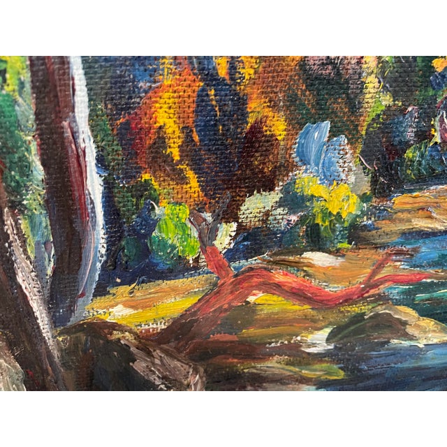 Colorful riverside sunset forest landscape painting. Vintage Acrylic on Fiberboard.