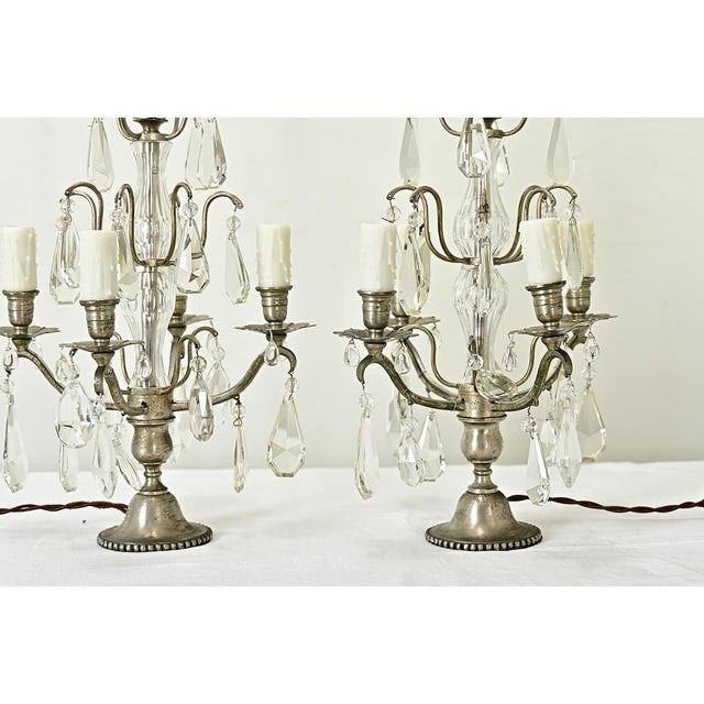 French 19th Century Pair of Crystal Girandole Lamps For Sale - Image 9 of 12