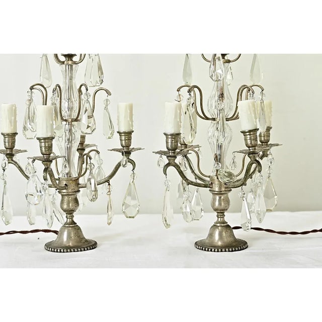 French 19th Century Pair of Crystal Girandole Table Lamps For Sale - Image 9 of 12