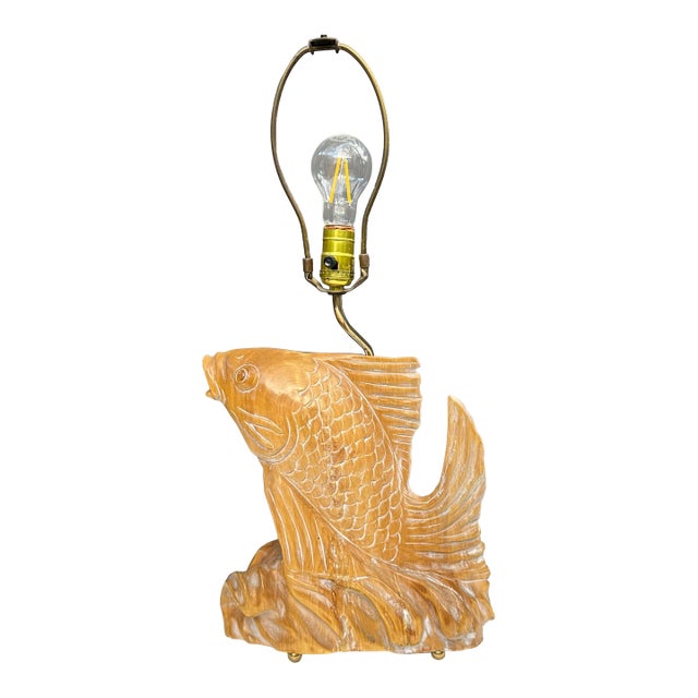 1986 Frederick Cooper Carved-Wood Fish Table Lamp For Sale