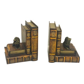 Late 20th-C. Neo-Classical Style Lion and Stacked Faux Books Bookends -Pair For Sale