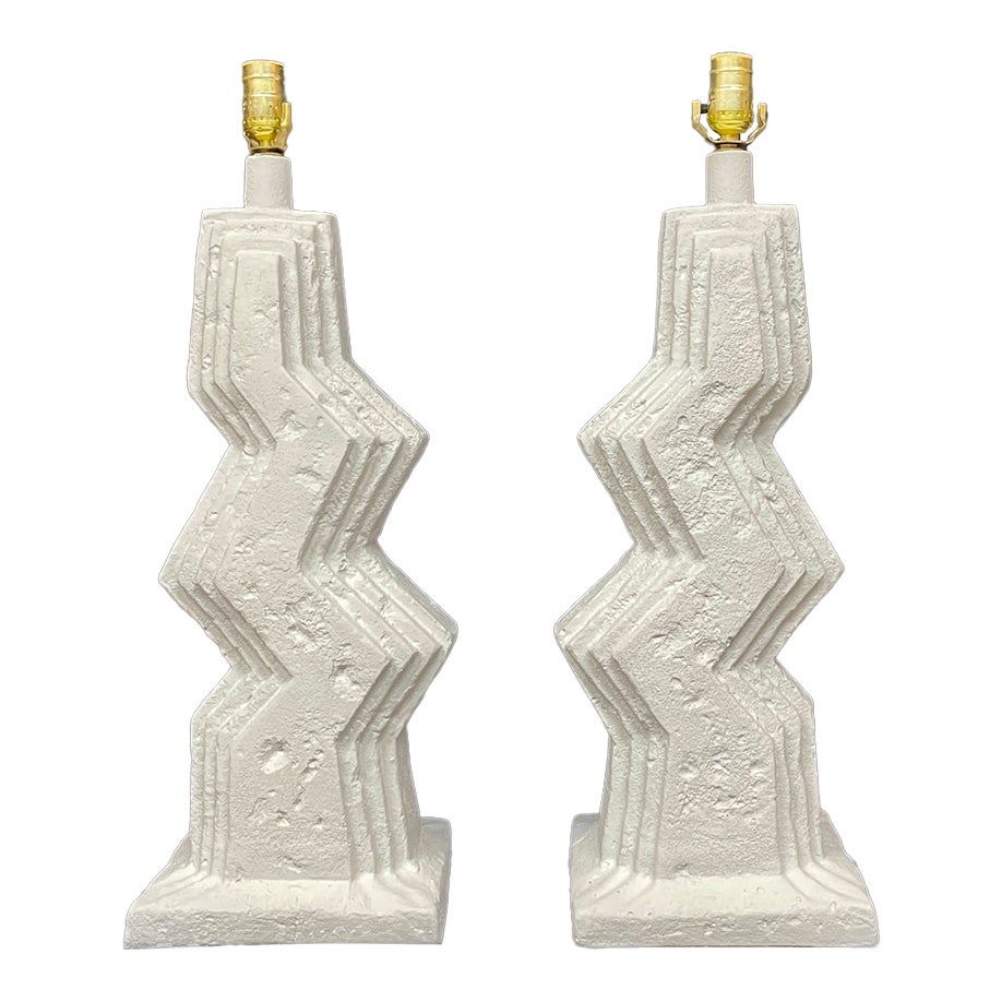 1980's Post Modern White Zig Zag Plaster Lamps by Ziggurat - A Pair