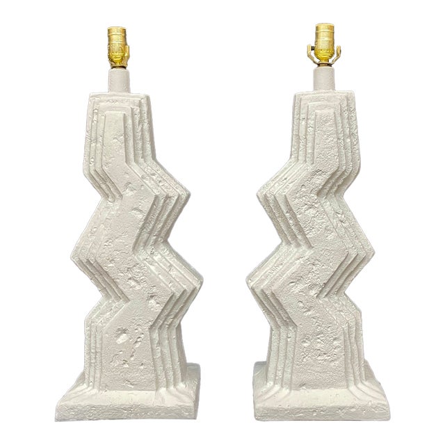 1980's Post Modern White Zig Zag Plaster Lamps by Ziggurat - A Pair For Sale