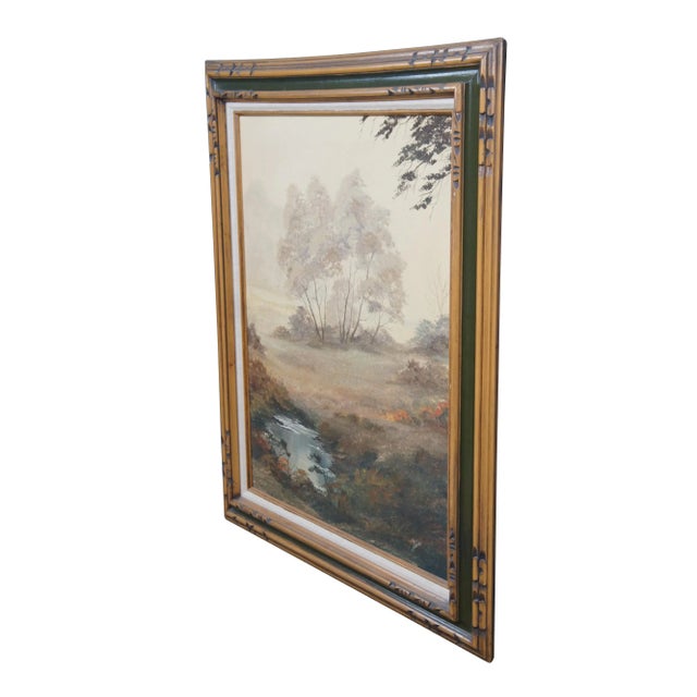 Vintage 1970s oil landscape painting. Features a view through the woods on a foggy day showing trees, grassland and a...