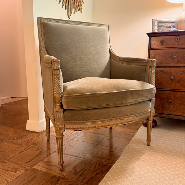Wood Vintage Velvet Armchair With Green Wash and Gilt Carved Frame For Sale - Image 7 of 9