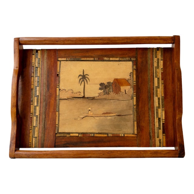 French Wooden Marquetry Tray with Craftwork Nature Scene, 1950s For Sale